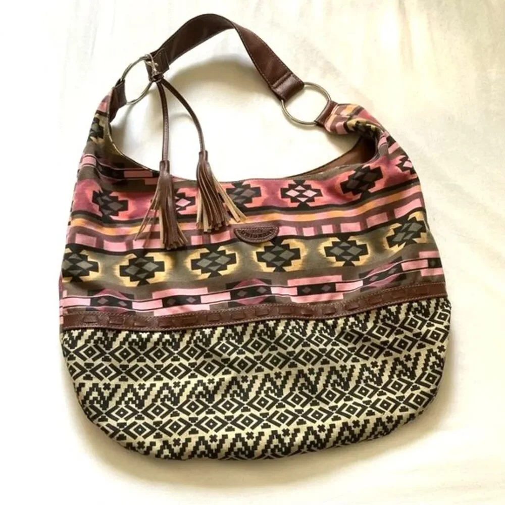 Aztec Hobo Boho Large Bag Purse Tassels Multi Colored VEGAN by Union Bay